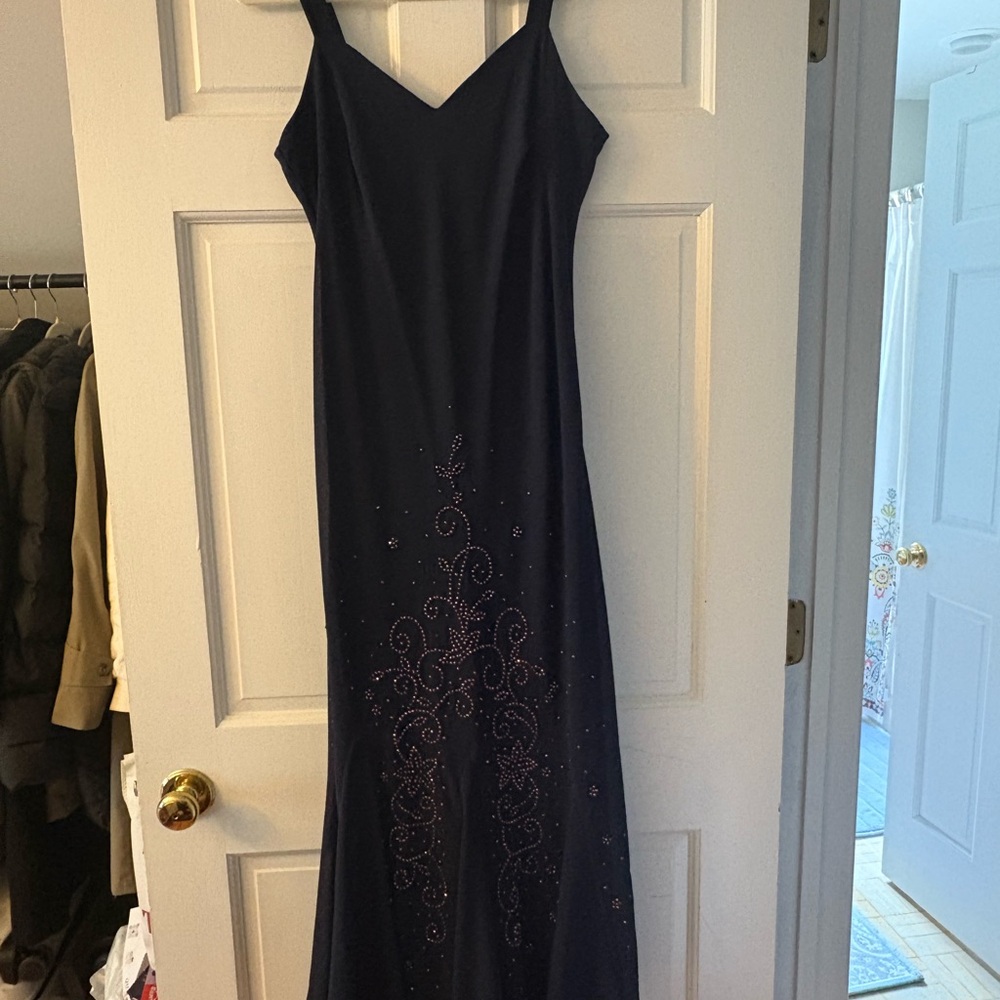R&M Richards Navy Beaded Maxi Slip Dress